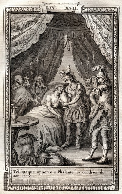 Telemaque ellátja Phalante sebeit, és elhozza neki testvére hamvait – 1798-as metszet Monnet után, Francois de Salignac de La Mothe-Fenelon dit Fenelon „Les Aventures de Telemaque, fils d
