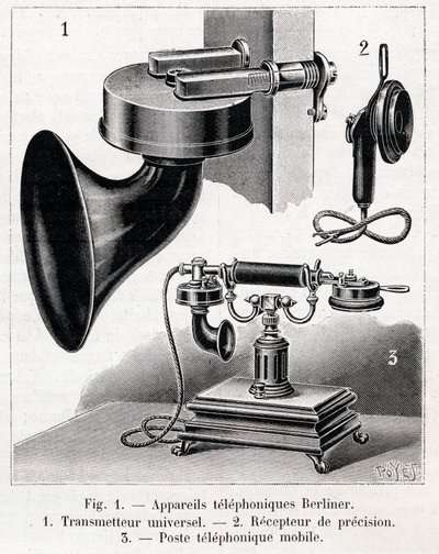 Telefonos készülék - Berliner System - "" La nature"" metszet 1902-ből alkotó: French School
