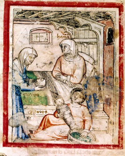 Thamar (Tamar) két ikertestvért szül, Perets és Zerah, Júda fia. Miniatűr a 212-es kódexből (vagy padovano kódexből vagy Páduai Bibliából) 1390-1400 alkotó: French School