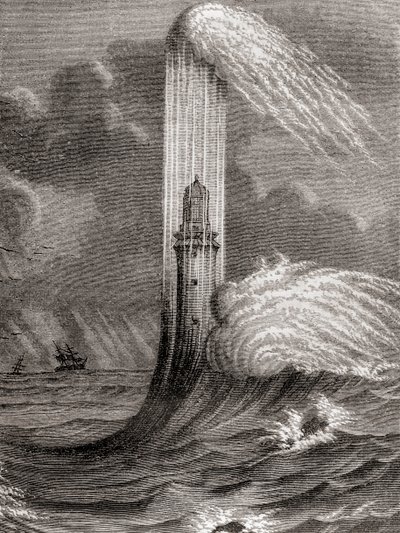 A 18. századi Eddystone világítótorony, amelyet John Rudyard épített, Eddystone Rocksban, Rame Head közelében, Angliában, a „Les Merveilles de la Science”-ből, megjelent 1870 körül (metszet) alkotó: French School