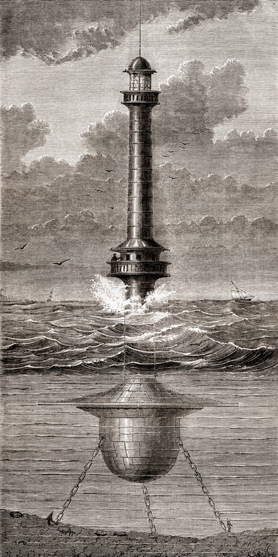 A 19. századi úszó világítótorony Liverpool kikötőjének bejáratánál, Angliában, a "Les Merveilles de la Science"-ből, 1870 körül (metszet) alkotó: French School