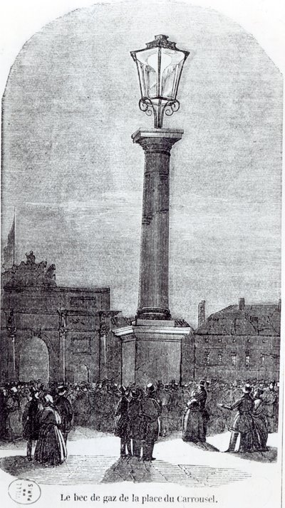 Az 1. gázlámpa Párizsban a Place du Carrouselen 1818-ban alkotó: French School