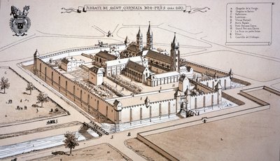A Saint-Germain-des-Prés-i apátság 1520 körül (színes metszet) alkotó: French School