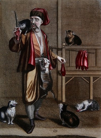 Az albán Dgi-Guerdgi macskákat etet a konstantinápolyi bazárban birkamájjal, a Recueil d