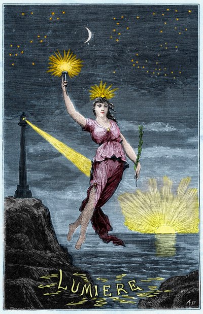 A fény allegóriája – Allegorie de la Lumiere – Alexis Clerc „A tudományok mindenki számára elérhetővé téve – fizika és kémia” vésése – 19. század vége – Magángyűjtemény alkotó: French School