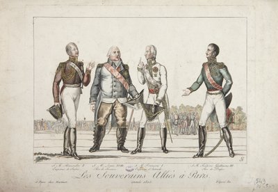 A szövetséges uralkodók Párizsban, 1815, I. Sándor orosz császár, XVIII. Lajos francia király, I. Ferenc osztrák császár és III. Frigyes Vilmos porosz király, kiadó: Martinet, 1815 alkotó: French School