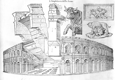 A nimesi aréna, az 1560-ban megjelent Jean Poldo dAlbenas által készített Discours historial de lantique et illustre cite de Nismes illusztrációja alkotó: French School