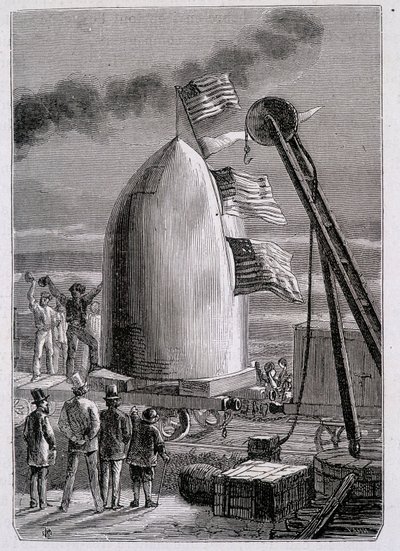 A lövedék megérkezése Stone-Hill-re – Jules Verne „A Földről a Holdra” című művében alkotó: French School