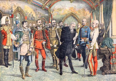 Az osztrák-magyar válság. I. Ferenc József császár fogadta a magyarországi általános választójogot kérő magyar bárókat. Illusztráció a Le Petite Journal számára alkotó: French School