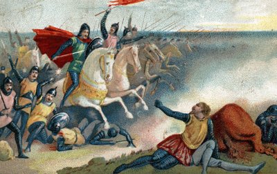 A hastingsi csata 1066. 10. 14-én II. Harold szászai és a Norman Armee (I. Hódító Vilmos) között. A 19. század végének kromolitográfiája. alkotó: French School