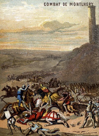 A montlheryi csata (1227): A királyságok és a feodalita – Blanche de Castille, fia, IX. Lajos régense a nagy feudálisok lázadásában. A „Hazafias nevelés képen keresztül” sorozat kromolitográfiája. alkotó: French School