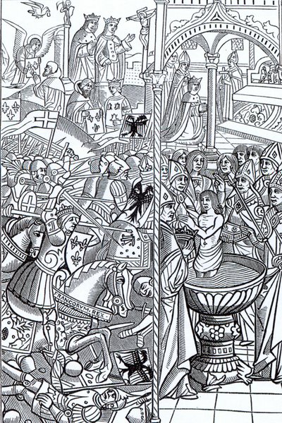 A tolbiaci csata és a Klodvig király megkeresztelkedése a Mirouer Historial de France-ból, 1516-ban alkotó: French School