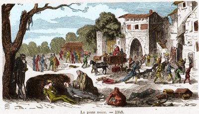A fekete pestis 1348-ban. Metszet a „Histoire De France En Cent Paintings by Paul Lehugeur” 1891-ben. alkotó: French School