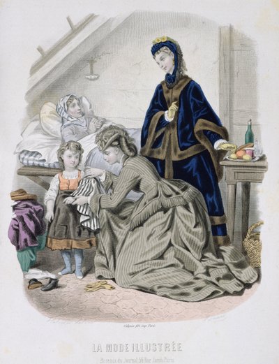 The Charitable Visit, illusztráció a La Mode Illustree-ből, 1870 körül (színes metszet) alkotó: French School