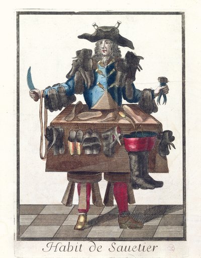 A Cobbler, allegorikus jelmezterv, a Larmessin család egyik vésett képére, 1640-84 körül alkotó: French School