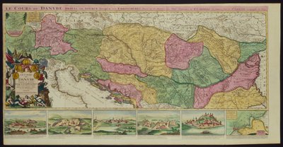 A Duna folyása a forrástól a torkolatáig, P. Coroneli és S. Sanson, Földrajztudós a királyig legfrissebb visszaemlékezései alapján (színes litó) alkotó: French School