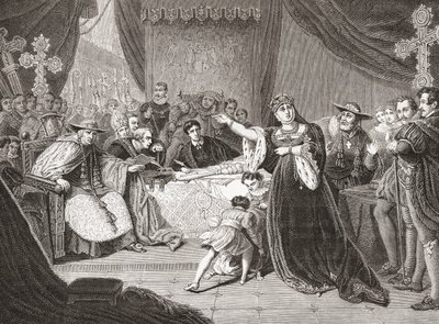 George Henry Harlow Katharine királynő perének bírósága, Mrs. Siddons Katharine királynőként ábrázolva Shakespeare Henrik VIII. A Histoire des Peintres-ből, École Anglaise, 1867-ben (litho) alkotó: French School