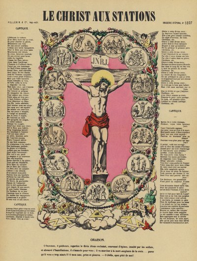 Jézus keresztre feszítése és a keresztúti stációk (színes litográfia) alkotó: French School