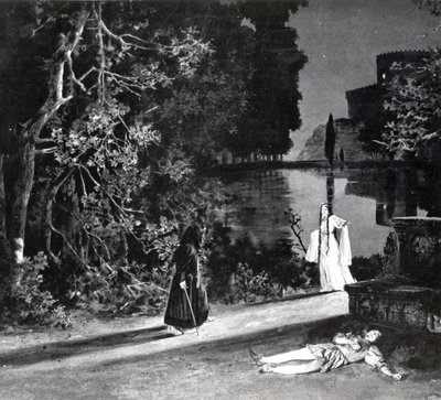 Pelleas halála, IV. felvonás, Debussy Pelleas et Melisande 4. jelenete, a párizsi Opera-Comique opera 1902. áprilisi első előadásának fényképéről, illusztráció a Theater m-ben alkotó: French School