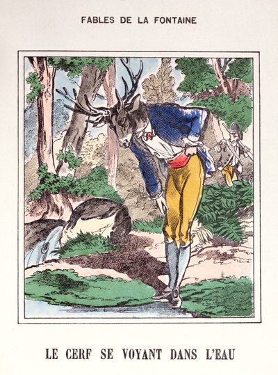 A szarvas látja magát a vízben, a Fables de La Fontaine-ből (színes metszet) alkotó: French School