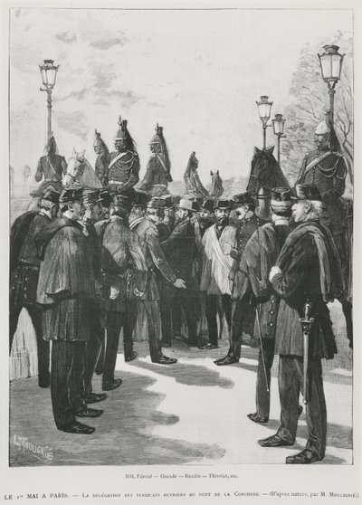 A szakszervezetek küldöttsége Pont de la Concorde-ban a május 1-jei párizsi tüntetésen, 1890. május 1-jén, metszet: L. Moulignie, rengő) alkotó: French School