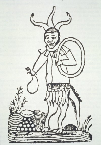 Az ördög a rejtett kincsekre mutatva, a Le Veritable Dragon Rouge illusztrációjának másolata, 2. változat, Lille 1521, a 19. század végén megjelent mágiatörténetben használt alkotó: French School