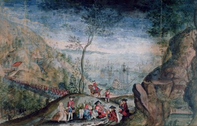 50 katona partraszállása a Karrer svájci ezredből Louisbourgban, Cap-Breton szigetén 1722-33 között (wc papíron) alkotó: French School
