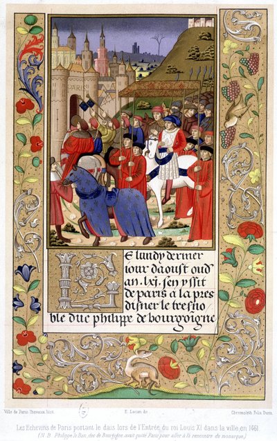 A párizsi echevinek, akik az emelvényt vitték, amikor XI. Lajos király 1461-ben belépett a városba (Megjegyzés: Jó Fülöp, Burgundia hercege elhagyta Párizst, hogy találkozzon az uralkodóval). alkotó: French School