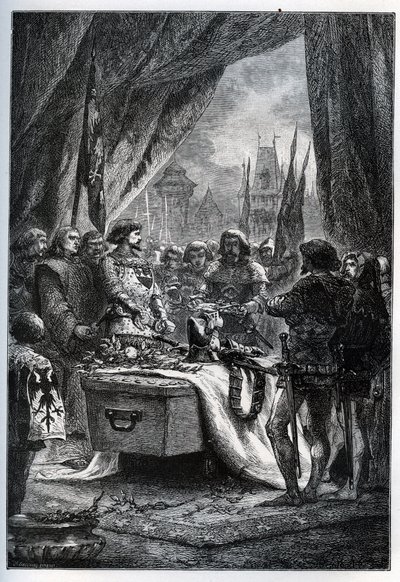 Chateauneuf de Randon (Chateauneuf-de-Randon, Auvergne) angol kormányzója megadta magát, és letette a tér kulcsait Bertrand du Guesclin (1320-1380) koporsójára, aki előtt 1380. július 13-án a város állt. ostromló. Le connetable die alkotó: French School