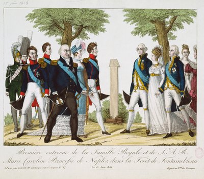 Az első találkozás XVIII. Lajos (1755-1824) és bourboni Marie-Caroline-Ferdinande (1798-1870) között, a Croix de St. Heremben a fontainebleau-i erdőben, 1816. június 15., 1816-30 (színes engr) alkotó: French School
