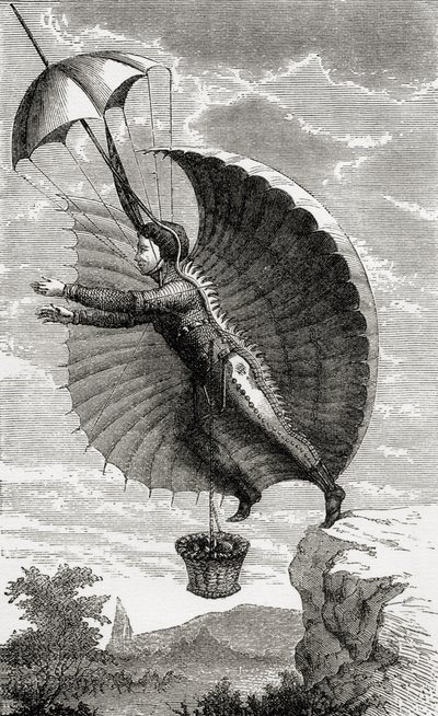 A repülő ember, Nicolas Edme Restif de la Bretonne után vésve, a „Csodálatos léggömbemelkedések vagy az égbolt meghódítása” című művéből, Fulgence Marion, 1870 körül megjelent. alkotó: French School