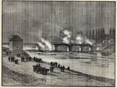 A francia-porosz háború – Párizs védelme – az Asnieres-híd felgyújtása – Az Asnieres-i híd tüze Párizs ostroma (védelme) alatt Leonce Rousset (1850-) parancsnok „” Les combatants de 1870-71” vésése 1938) - Porosz francia háború - ( alkotó: French School
