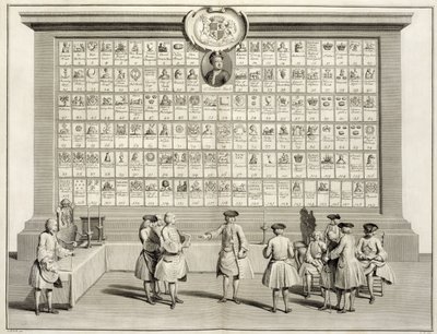 A szabadkőművesek, a különféle páholyok tábláival, a The Ceremonies of Religion and Custom-ból, 1733 körül alkotó: French School