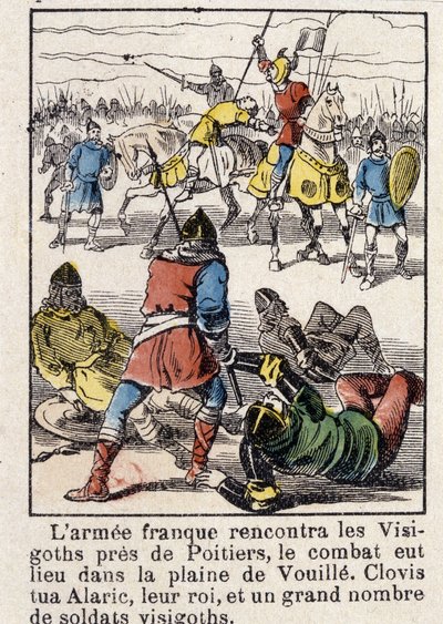 A francia hadsereg Poitiers közelében találkozott a vizigótokkal, a harc a Vouille-i síkságon zajlott. Clovis 507-ben megölte Alaricot, a királyukat és számos vizigót katonát. alkotó: French School