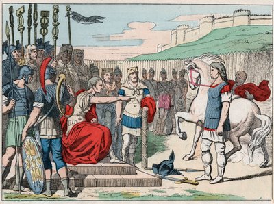 Vercingetorix gall séf (Kr. e. 80-46) Jules Cesarhoz (Kr. e. 100-44) Alesiába utazik Kr.e. 52-ben - Vercingetorix (Kr. e. 72-46) gall vezér, megadja magát Caesarnak Alesia-ban (Franciaország) - Metszet a végén századi „” Nos Gires Nationales - Képekben alkotó: French School