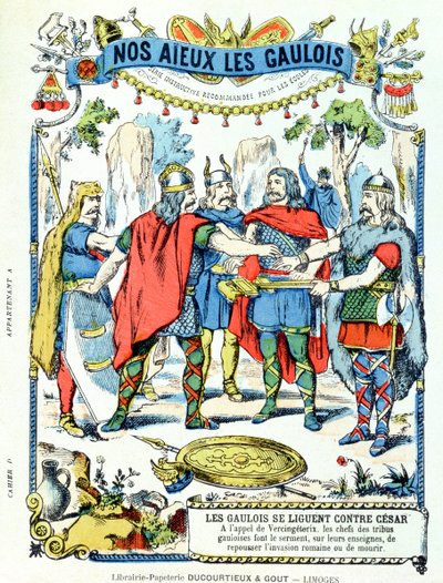 A gall vezetők Julius Caesar (Kr. e. 100-44) elleni ligában Vercingetorix (i. e. 46) vezetésével az iskolai könyvek védőhüvelyéből, 19. század vége alkotó: French School