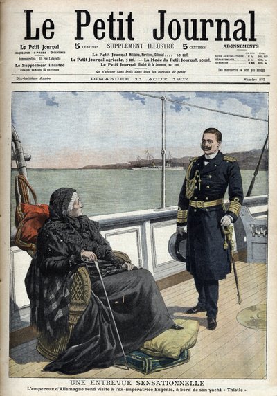 II. Vilmos német császár (1859-1941) meglátogatta az egykori császári Eugeniát (1826-1920) a „Thistle” jachtján, „Le petit journal” 1907. augusztus 11-én (metszet) alkotó: French School