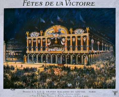 A Grands Magasins du Louvre-t az 1918-as győzelem ünnepére díszítették, 1919. július 14. alkotó: French School