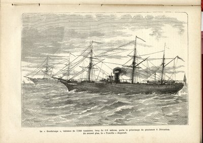 A „Guadeloupe”, egy 2500 tonnás hajó, 110 méter hosszú, a bűnbánati zarándoklatot viszi Jeruzsálembe., Anonymous, The Pilgrim alkotó: French School