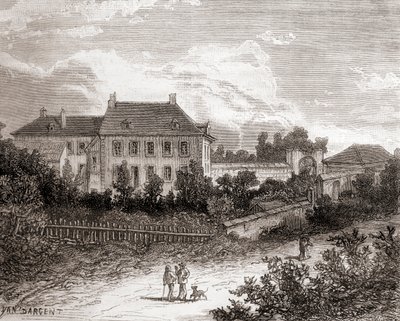 A franciaországi Chalon-sur-Saône melletti Gras-i ház, ahol Nicéphore Niépce francia feltaláló kifejlesztette a heliográfiát, a Les Merveilles de la Science című, 1870 körül megjelent kötetből (metszet). alkotó: French School