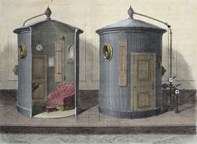 A hiperbár kamra – Paul Bert (1833-1887) fiziológus és francia politikus. Metszet 1855-ből. alkotó: French School