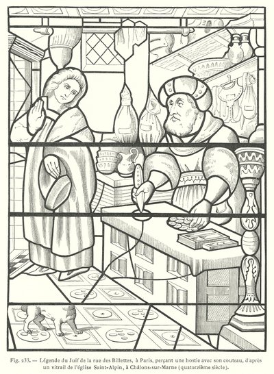 A párizsi Rue des Billettes zsidója megszentségteleníti a Gazdát úgy, hogy késével átszúrta, egy 14. századi ólomüveg ablak után a Saint-Alpin templomban, Chalons-sur-Marne, Franciaország (metszet) alkotó: French School