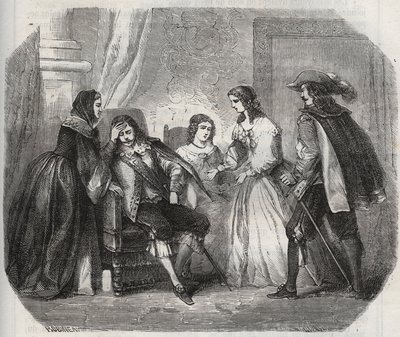XIII. Lajos francia királyt (1601-1643) elkapja a migrén, amikor Anna osztrák királynővel (1601-1666) beszél. Metszet 1871-ből Henry de Kock (1819-1892) „Histoire Des Cocus Celebres” c. alkotó: French School