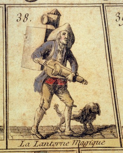 A Magic Lantern Device fényvetítésre használható. Részlet a kiáltó libák játékából és a párizsi régi mókákról. 18. századi Magángyűjtemény alkotó: French School
