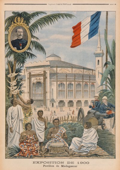 A madagaszkári pavilon az 1900. évi párizsi egyetemes kiállításon, illusztráció a  alkotó: French School