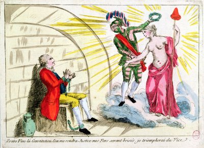 A forradalom által kiszabadult vasmaszkos ember, a francia alkotmány allegorikus ábrázolása (színes metszet) alkotó: French School