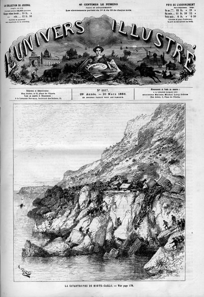 Monte Carlo (Monte-Carlo) katasztrófa: vonatbaleset a part menti vasútvonalon. Egy újság. Metszet a „” Le Monde Illustré”-ben alkotó: French School