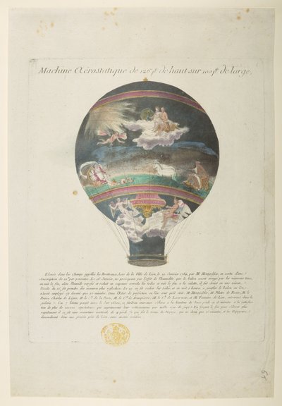 Montgolfier léggömb „dicsőséges klasszikus referenciákkal”, Machine Aerostatique de 126 pt de haut sur 100pt de large (színes gravírozás) alkotó: French School