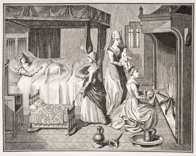 Az újszülött gyermek, Paul Lacroix (1806-84) 1847-ben megjelent "Histoire de la Belle Helaine" című művének 15. századi miniatúrája után. alkotó: French School
