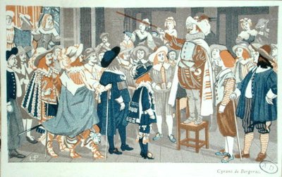 Az orrbeszélő a Hotel de Bourgogne-ban, illusztráció Edmond Rostand (1868-1918) "Cyrano de Bergerac"-jából, 1905 körül (színes litográfia). alkotó: French School